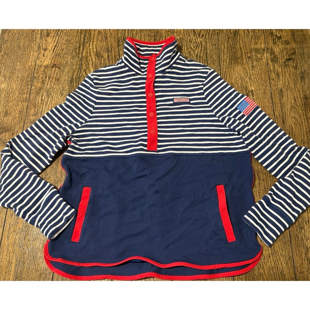 Vineyard Vines Womens Large Shep Shirt Striped Navy Red Snap Pullover USA Flag
